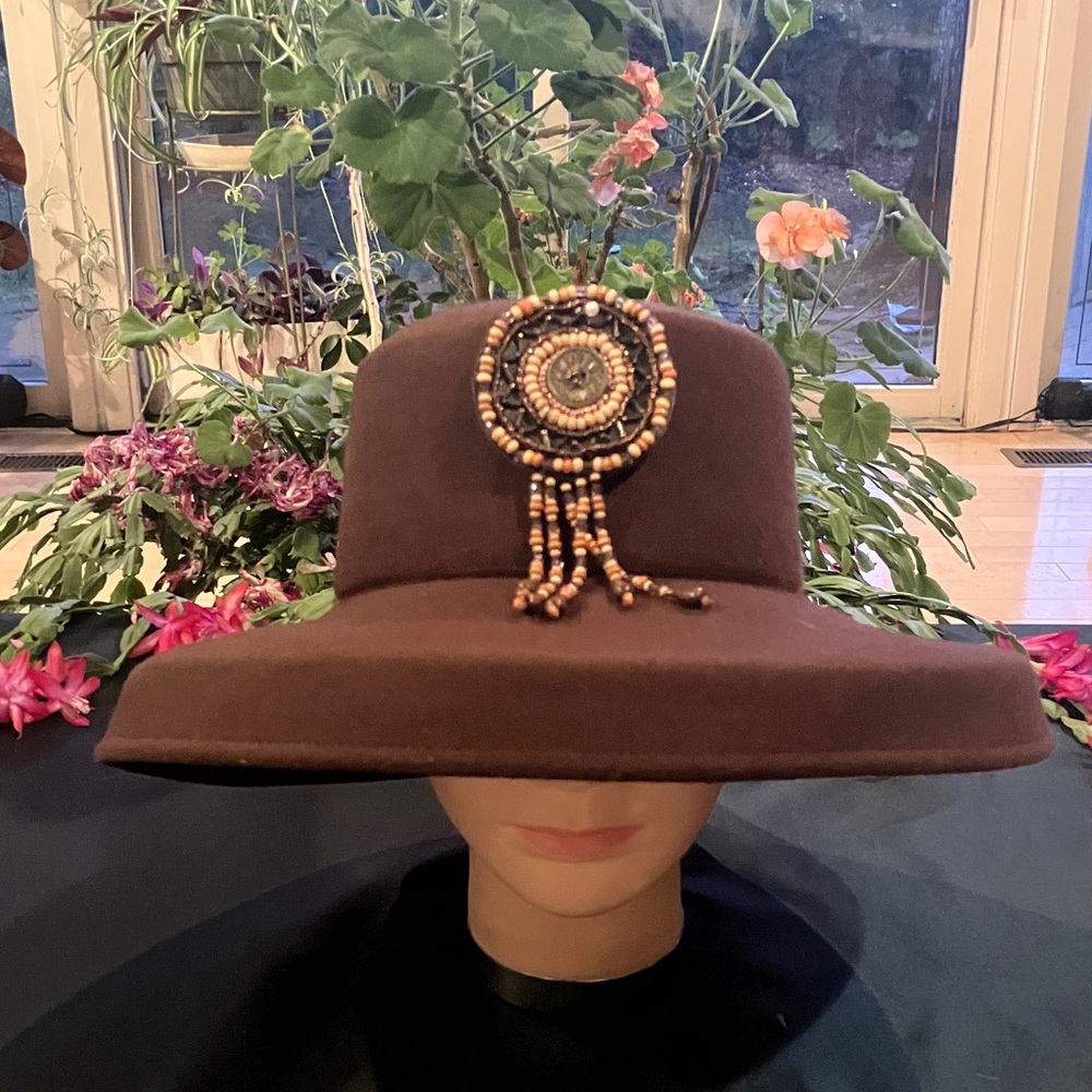 Chic Brown Wool Women's Hat with Beaded Accent